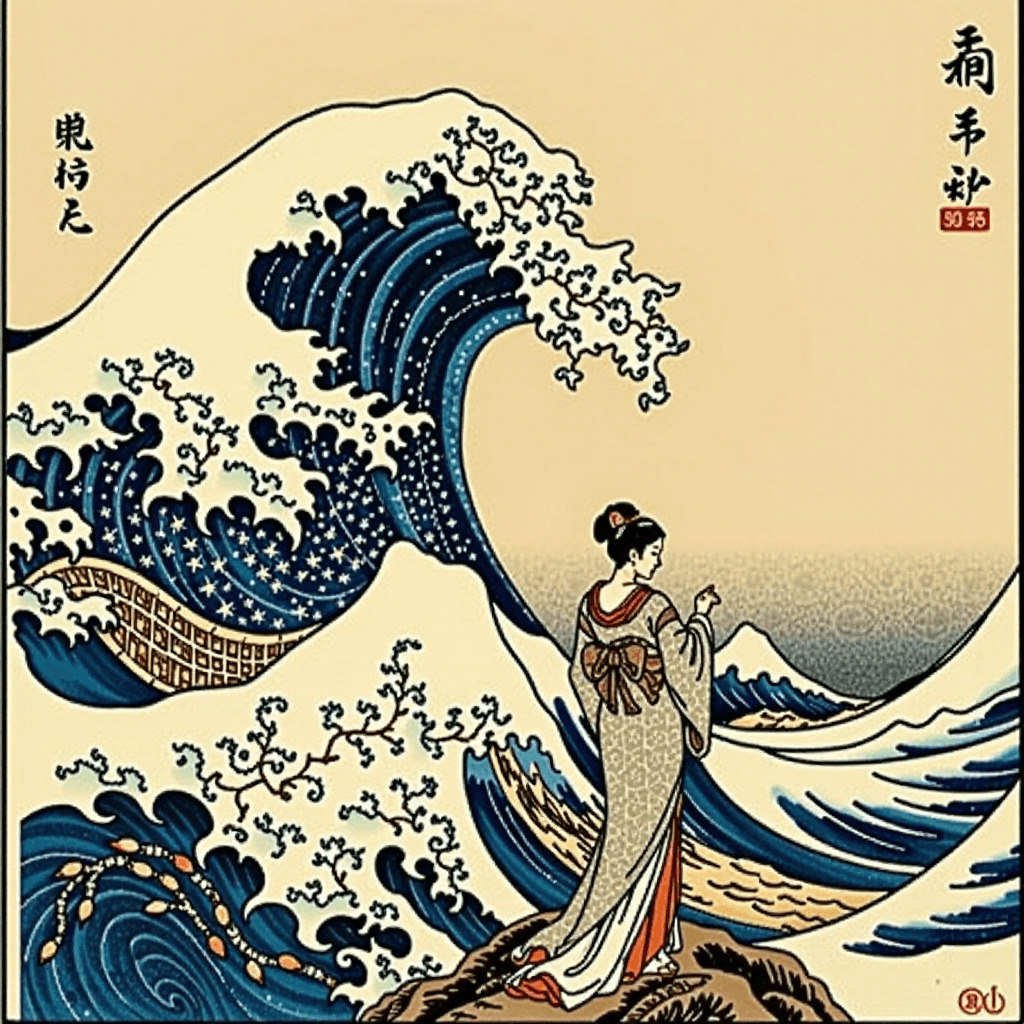 AI generated: A Japanese Ukiyo-e woodblock print of a woman in a kimono standing on a cliff as a massive, stylized...