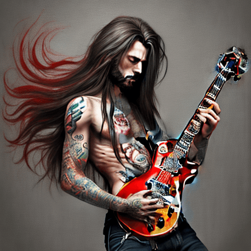 AI generated: Perfect digital painting of a man entire body with long hair and tattoos, playing a red les paul gui...