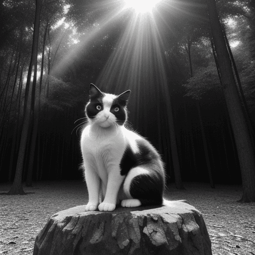 AI generated: black and white cat, in a beautiful colorful forest, sunshine, high resolution, colorful