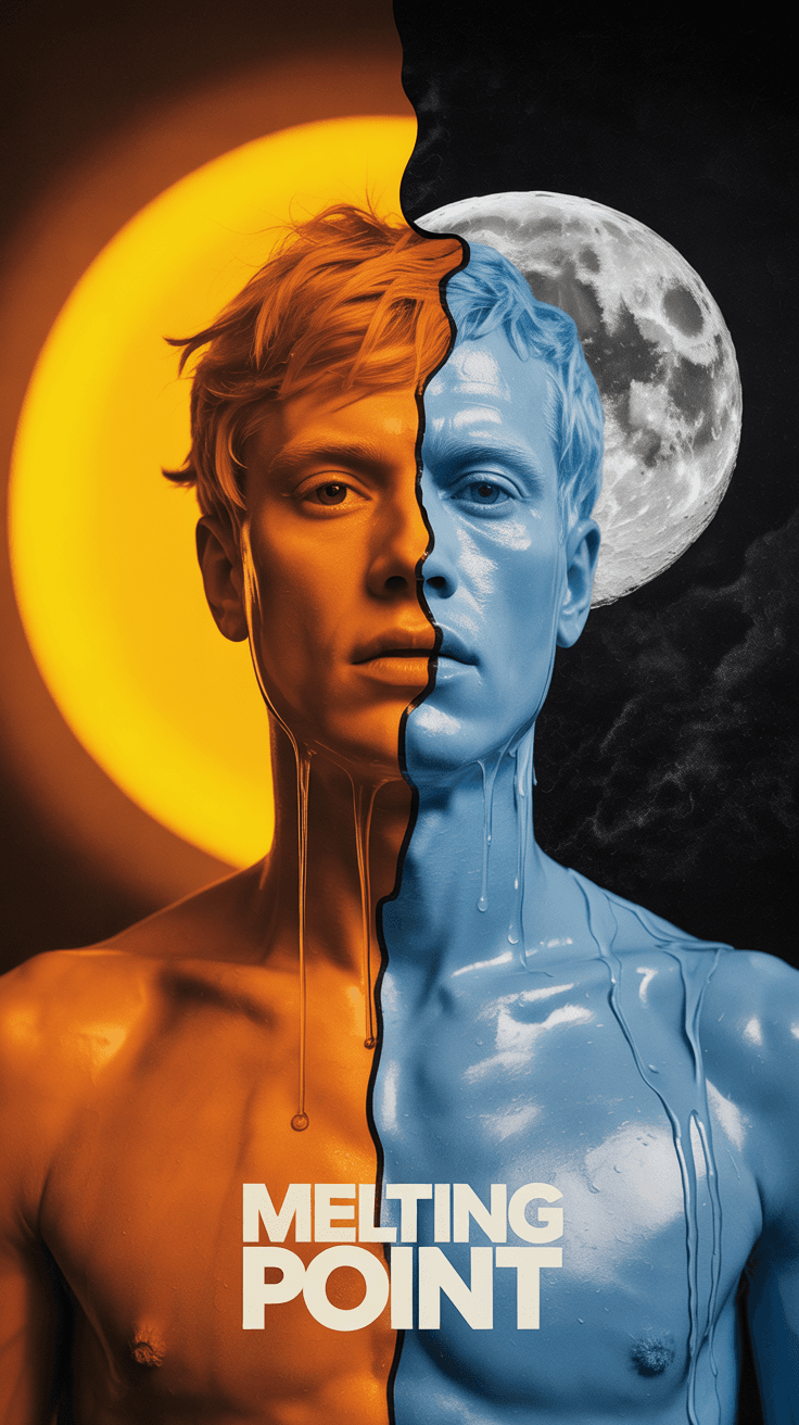 AI generated: A film poster demonstrating a human with one sise melting under sun,with one side freezing under moo...