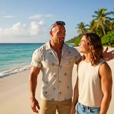 AI generated video: with Dwayne Johnson at a tropical beach, sunny day, both smiling