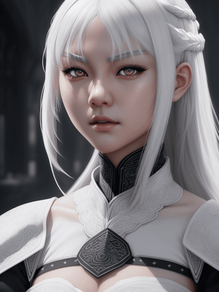 AI generated: intricate, white hair, white eyes, light grey pupils, detailed gorgeous face, beautiful asian girl a...