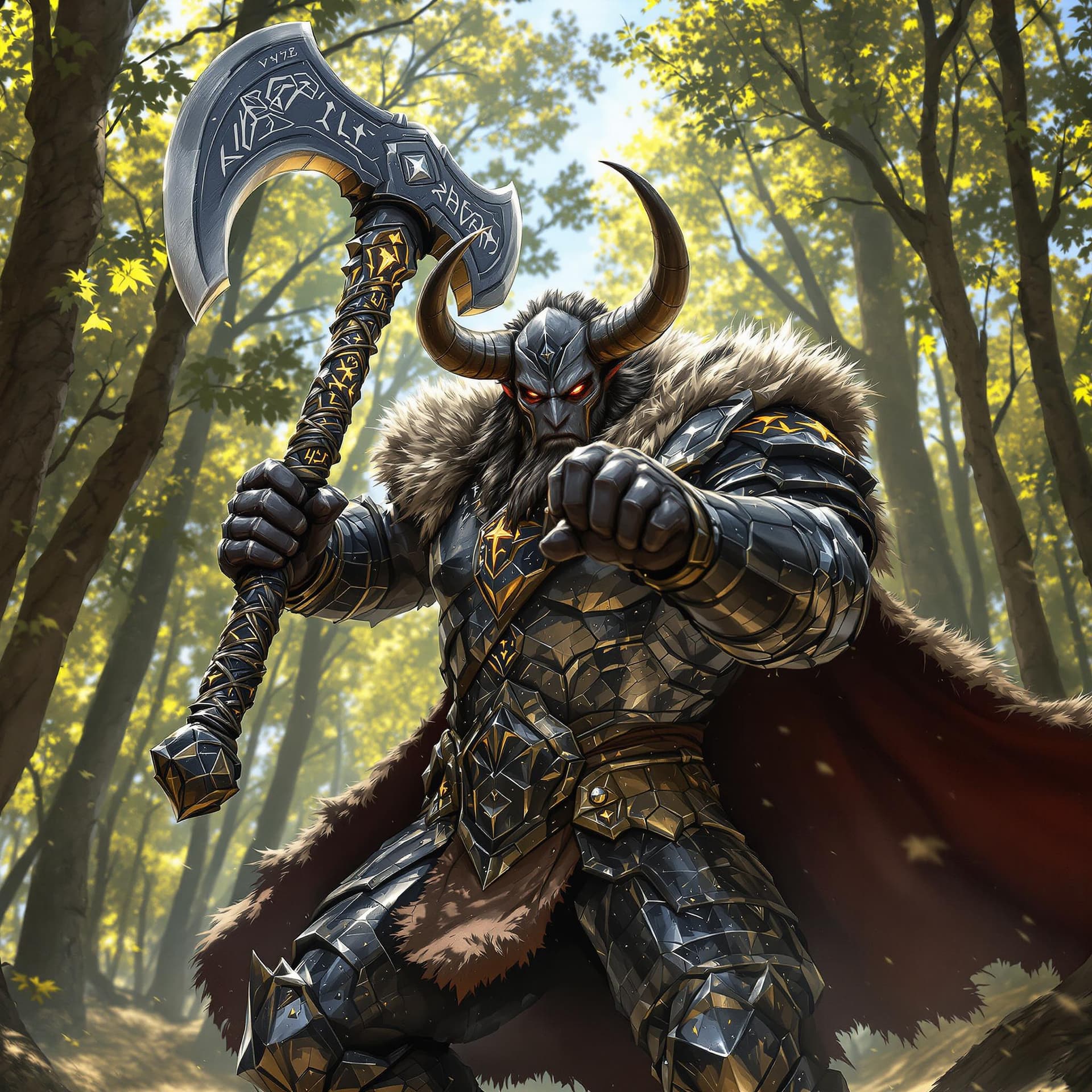 AI generated: A handsome-faced Minotaur barbarian warrior, clad in battered black chrome armor, charges forward in...