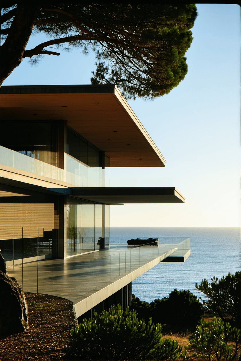 AI generated: Hyper realistic eye level exterior photo of a mid century modern style house overlooking the ocean, ...