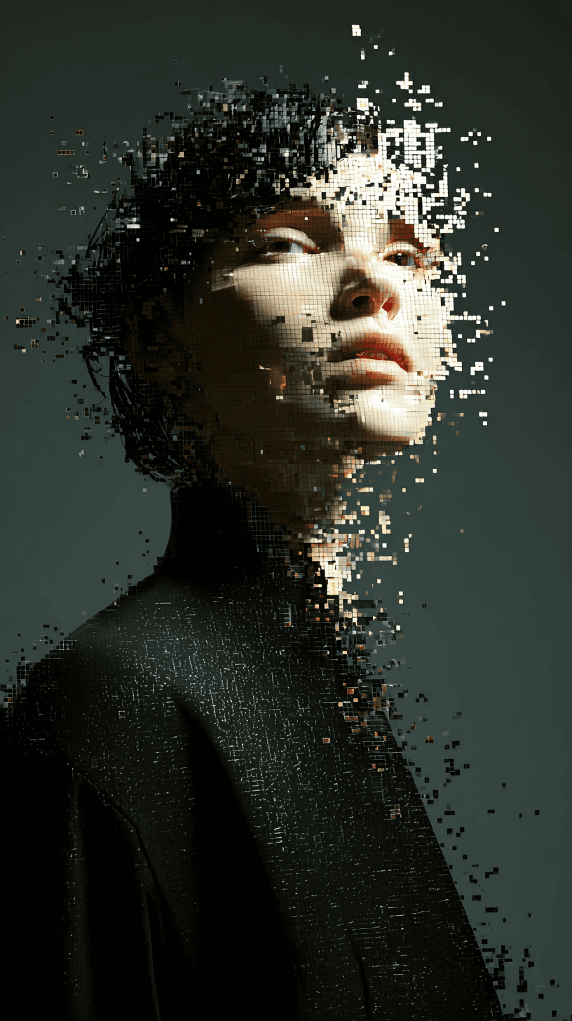 AI generated: portrait of a woman, front shot, gaze, avant-garde styled, wearing a minimalist black wear, features...