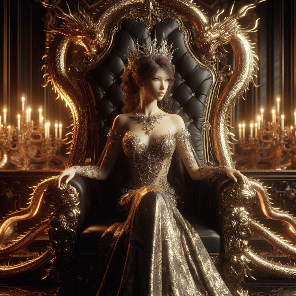 AI generated: A very beautiful queen sitting on a black throne made of gold, with a serpent-dragon like elements a...