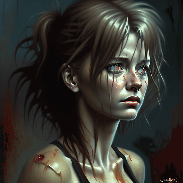 AI generated: digital art oil painting beautiful silent hill lost distressed female with messy hair, detailed clea...
