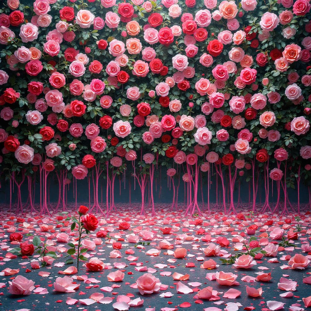 AI generated: A red rose shines in front of an immense rose bush that creates a surreal wall of more various color...