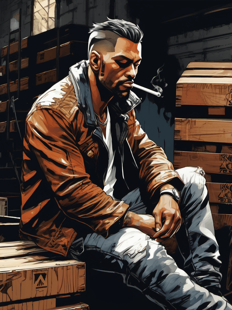 AI generated: half body close up illustration of a brutal gangster sitting in a warehouse, smoking, badass, jeans ...