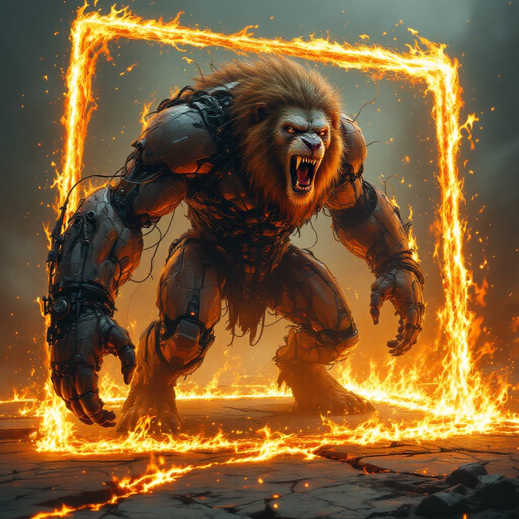 AI generated: The monstrous chimera stands trapped within a visible, square-shaped frame of roaring flames, which ...