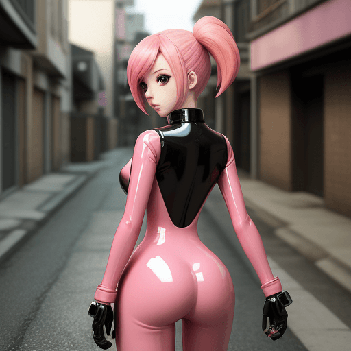 AI generated: anime style, 3d style girl, blurry street back ground, pink hair, very tight latex, body facing came...