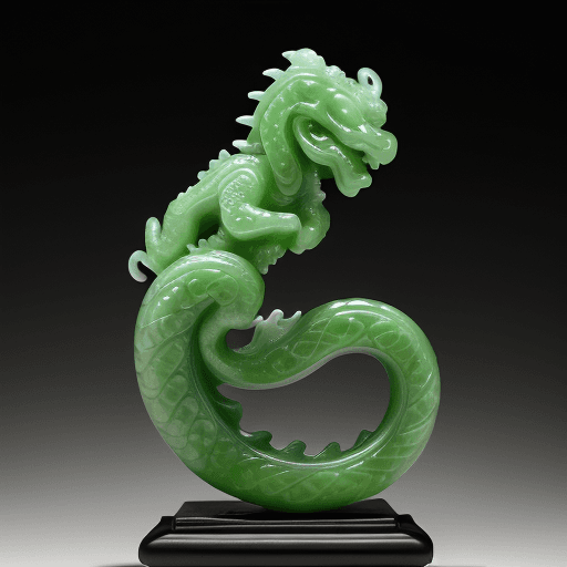 AI generated: beautifully carved jade heavenly Chinese dragon, wise face, hand carved nephrite jade, museum photo,...