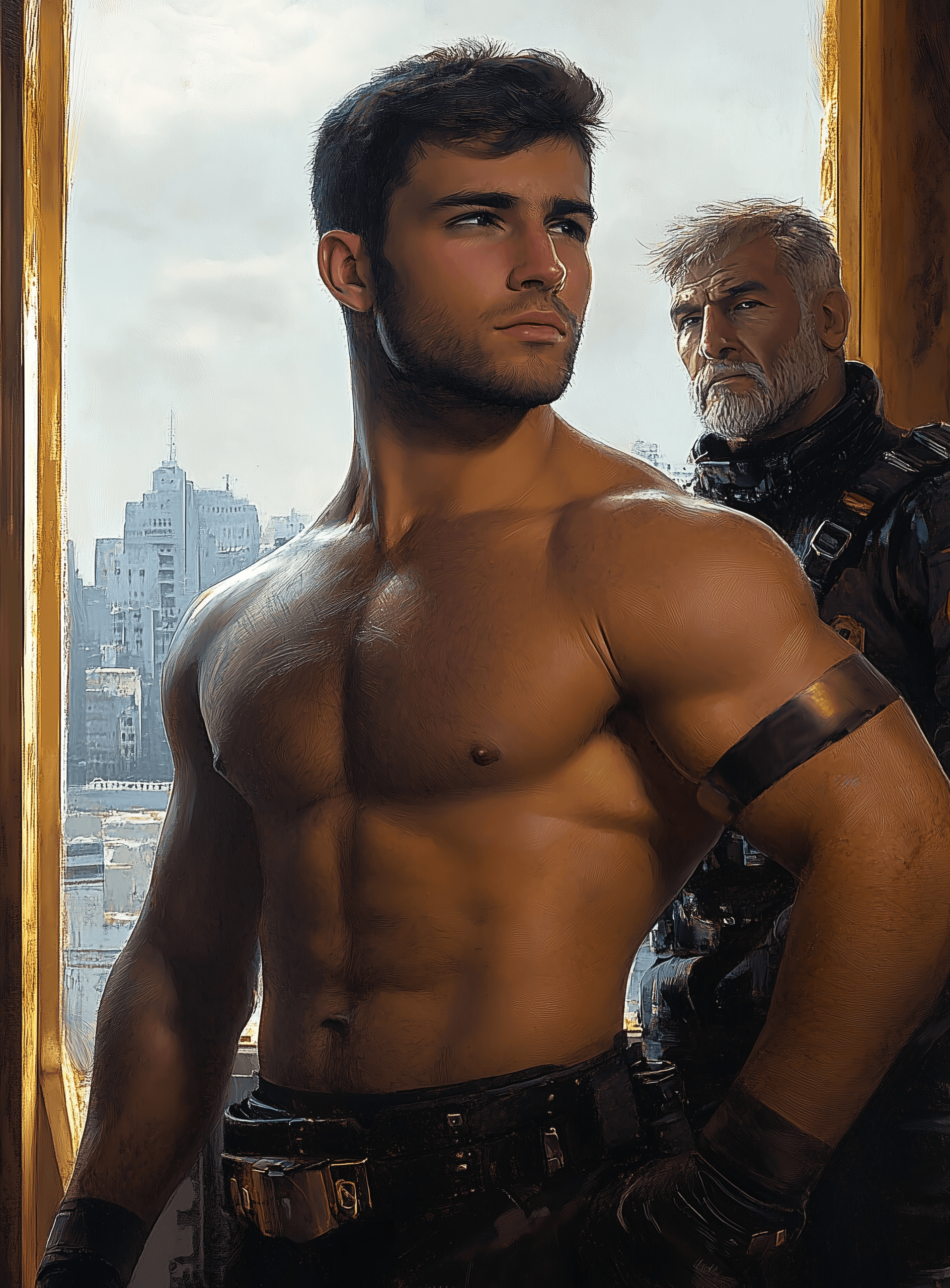 AI generated: A young man in a futuristic space uniform stands with his hands on his hips, behind him is an older ...