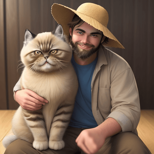AI generated: /imagine prompt: Picture young man with medium cat, smile, happiness, dark blonde hair, medium lengt...