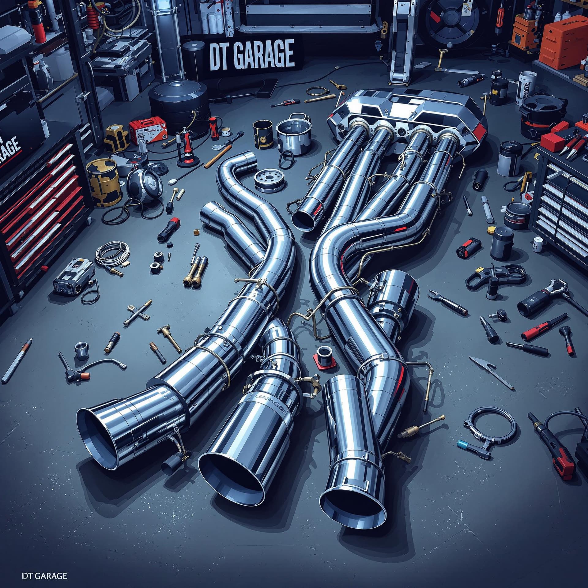 AI generated: A high-quality digital illustration of a sleek and modern performance exhaust system for a sports ca...