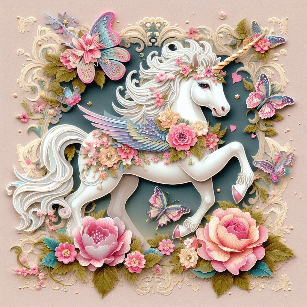 AI generated: collectible victorian paper Die Cut, A unicorn with flowers and butterflies, glossy, glittering effe...