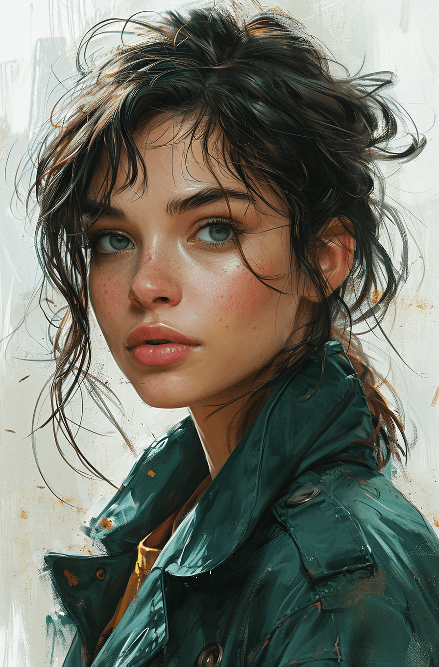 AI generated: a woman in a green coat looking at the camera, in the style of charlie bowater, magali villeneuve, c...