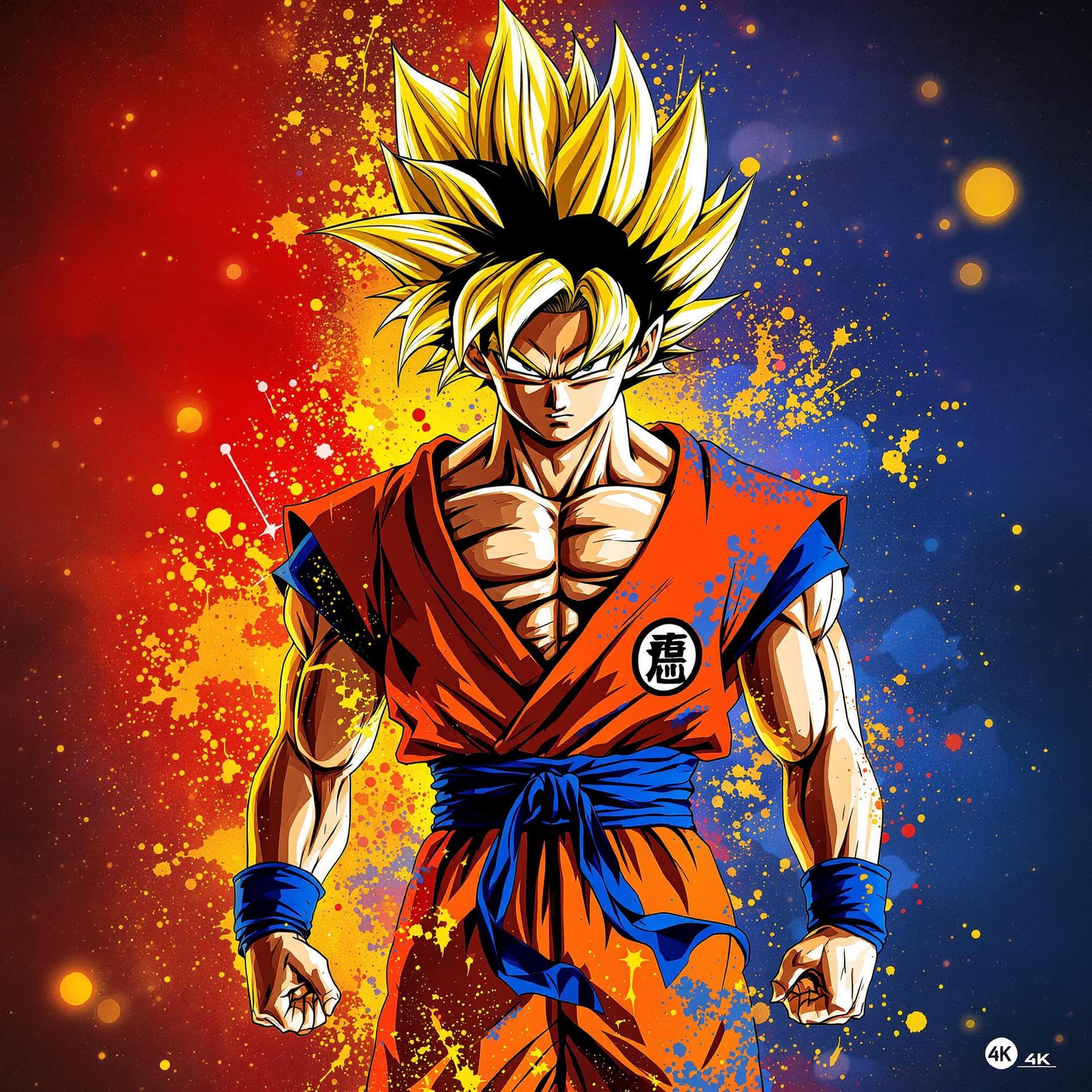 AI generated: Goku poster, male character in red, yellow and blue, in the style of 4k image, background with dust ...