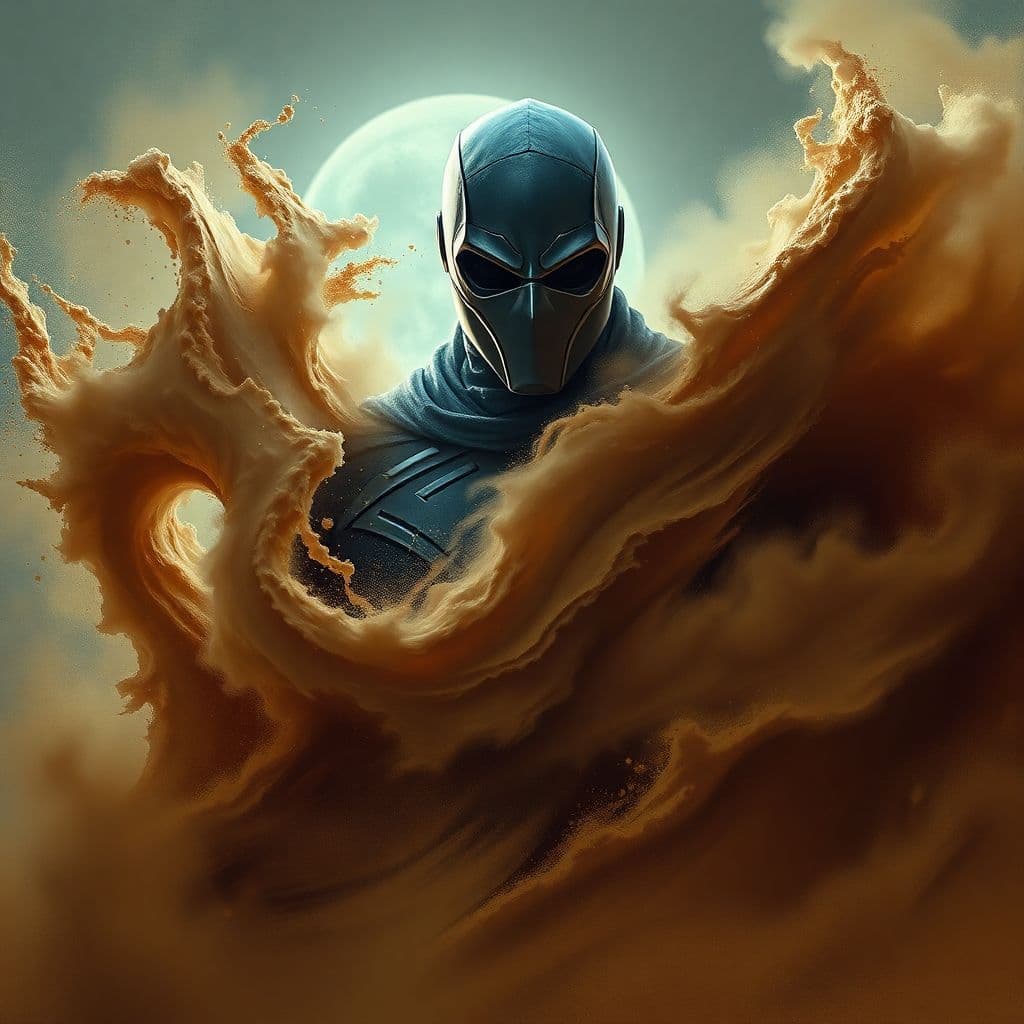 AI generated: Moon Knight dissolving into swirling sand, ultra-realistic, in the style of Marvel Comics, volumetri...