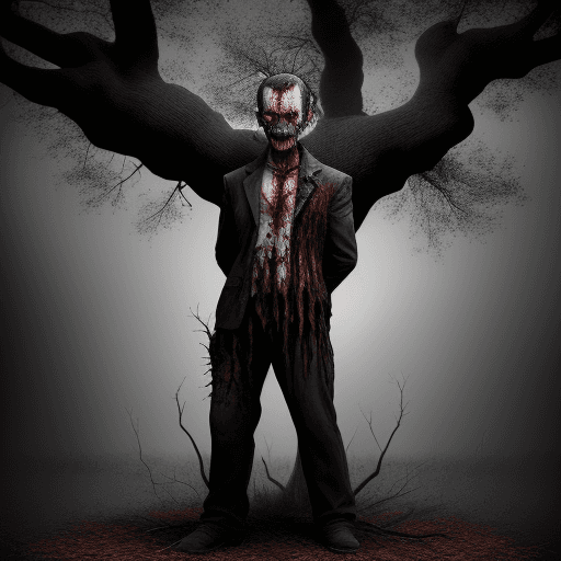 AI generated: A combination of a top 1 third oak tree and a lower  2 thirds zombie, evil look, full body