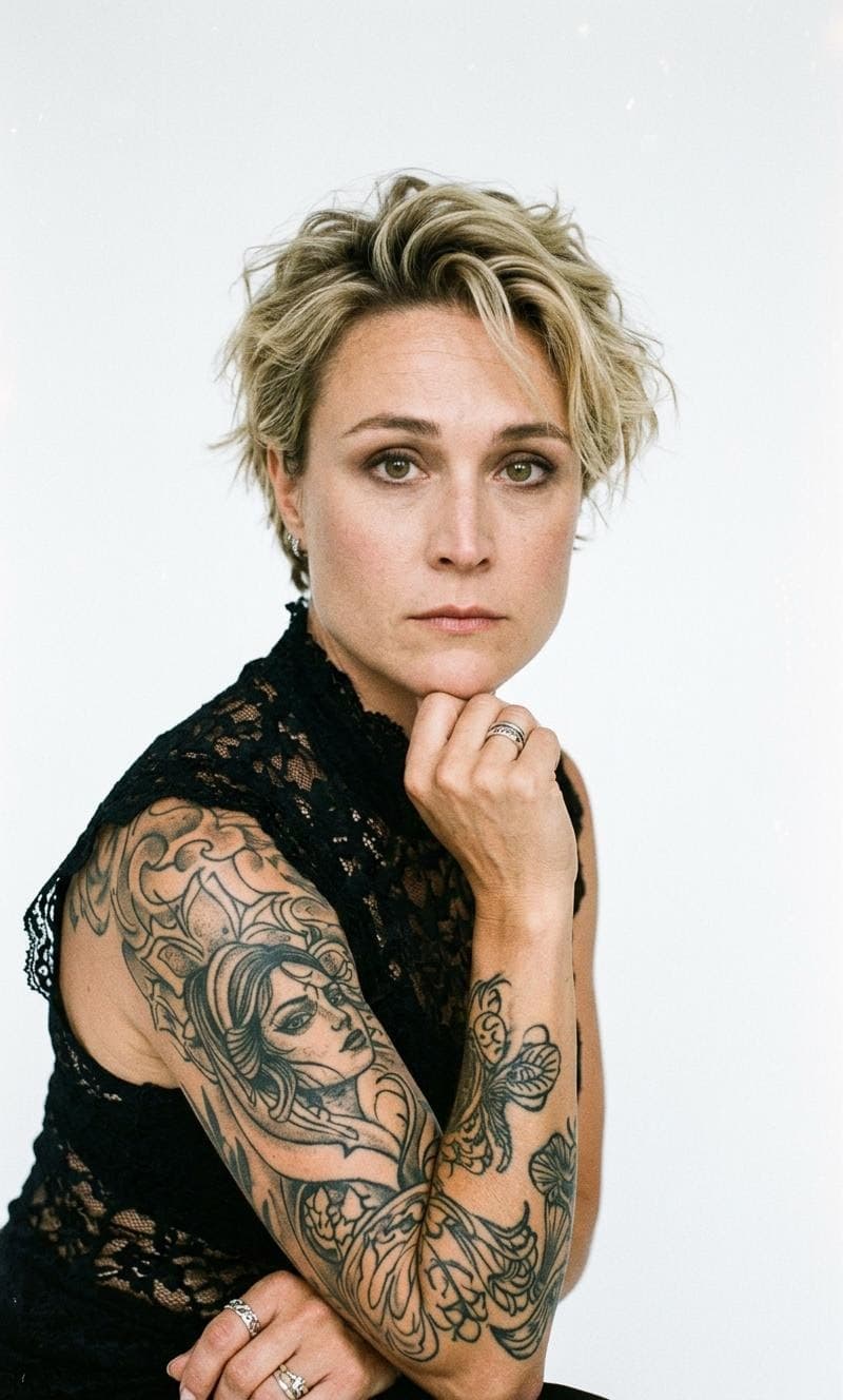AI generated: a professional shoot, a woman in tatoo, gothic style, toned body, white background, melancholy, myst...