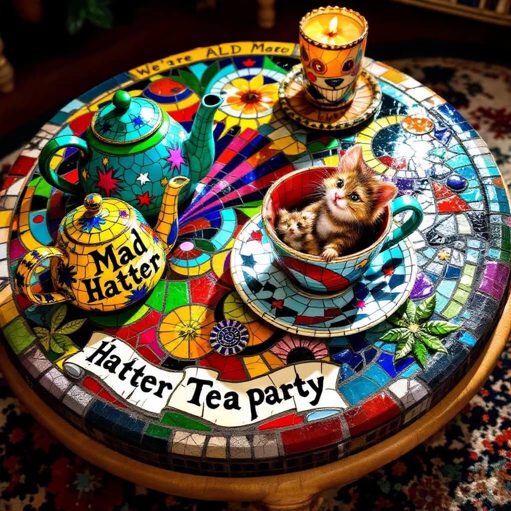 AI generated: 3D HDR Trippy Hippie Soho Boho influenced  coffee table mosaic featuring intricately detailed psyche...