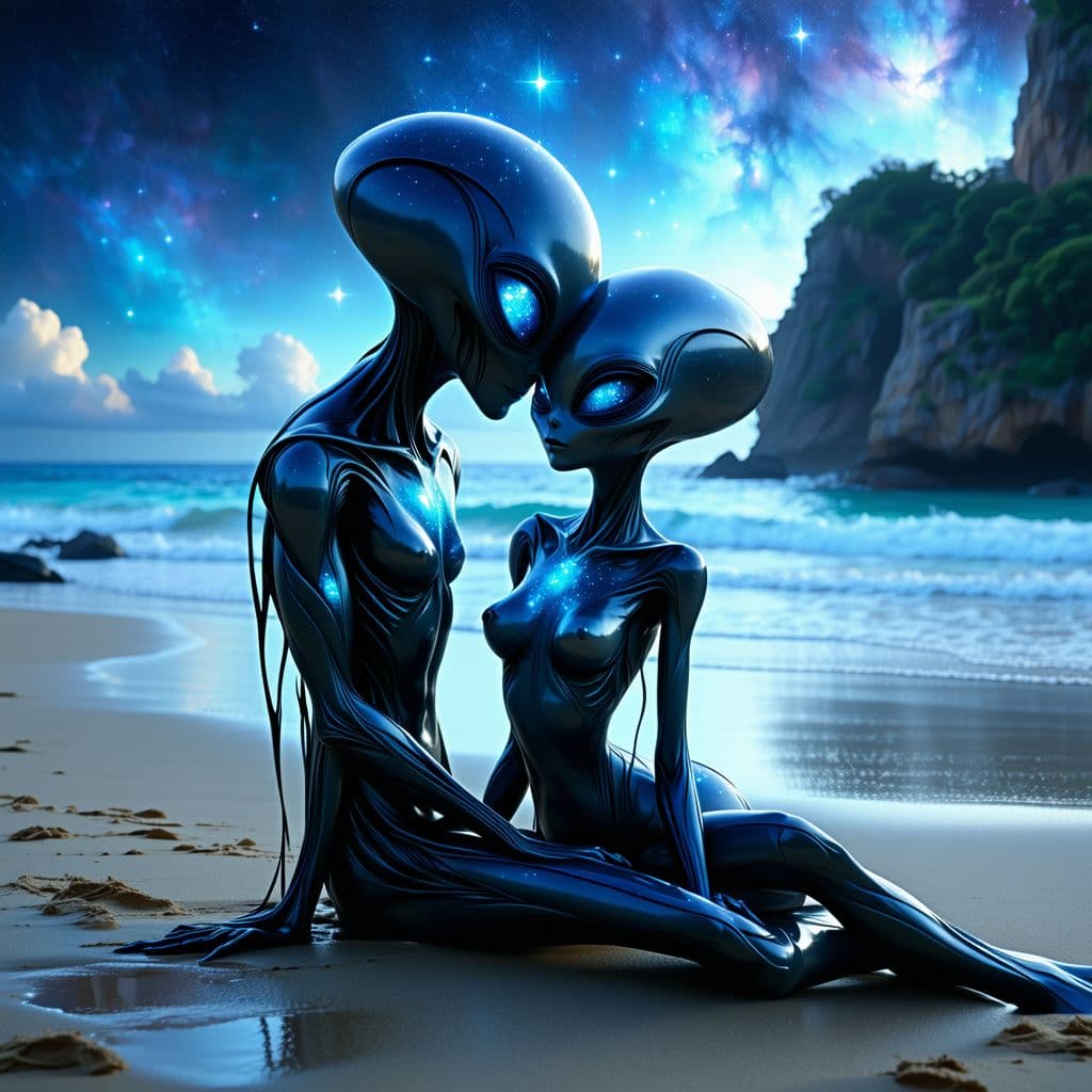 AI generated: Whimsical. A couple of aliens (male and female) in love, they are sitting down on the beach, the mal...