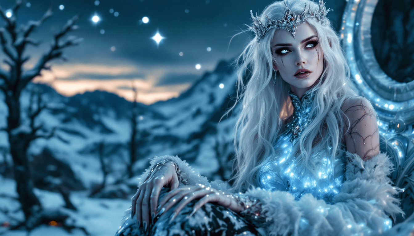AI generated: 4K, magazine photo shoot quality image of a beautiful 23-year-old platinum blonde ice witch with pie...