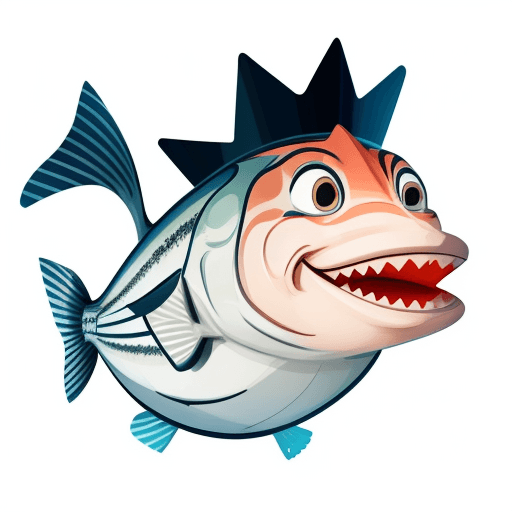 AI generated: Cartoony king mackerel fish smiling and looking at the viewer. Big, bold outline. Simple details.