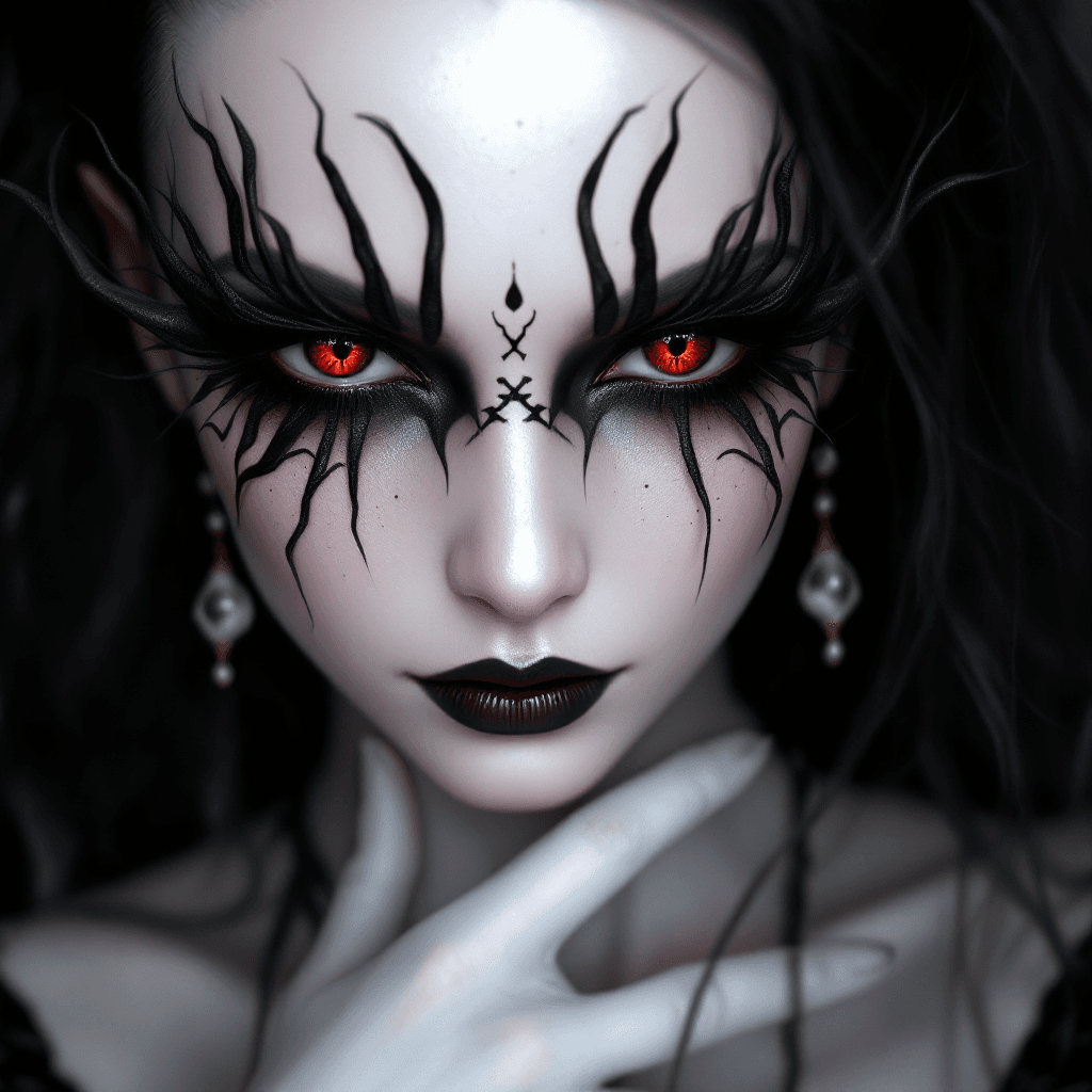 AI generated: a woman with red eyes, black goth makeup, in the style of realism with fantasy elements, daz3d, fine...