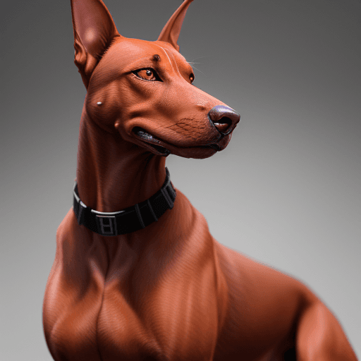AI generated: Create a photorealistic, hyper-ornate version of my dog Rex. He is half red Doberman, half hound dog...