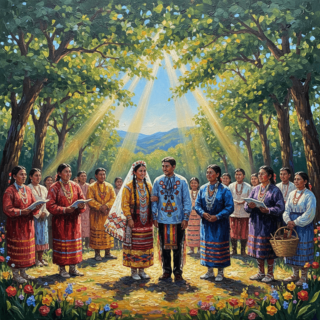 AI generated: A vibrant, highly detailed painting in oil and acrylic depicting a traditional Choctaw wedding cerem...