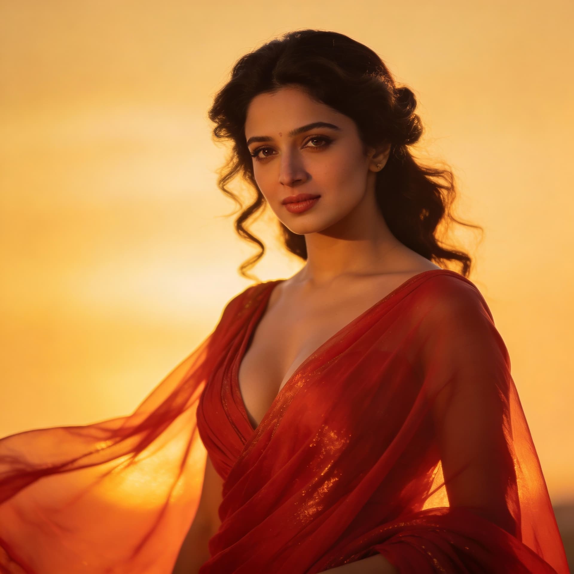 AI generated: Turn the subject into an iconic Bollywood heroine wearing a flowing red chiffon saree, with hair sty...