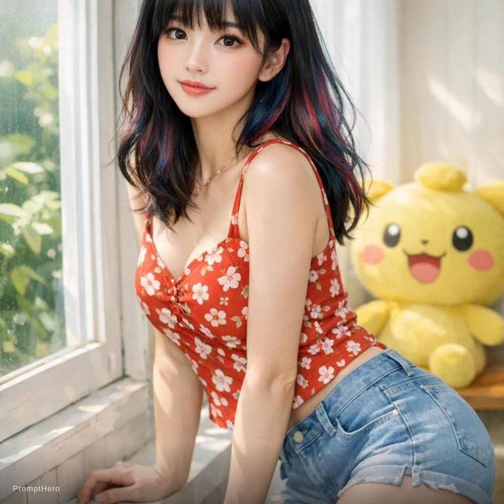 AI generated: close portrait of Japanese woman, Koren ulzzang face, standing near the window, black hair, multi co...