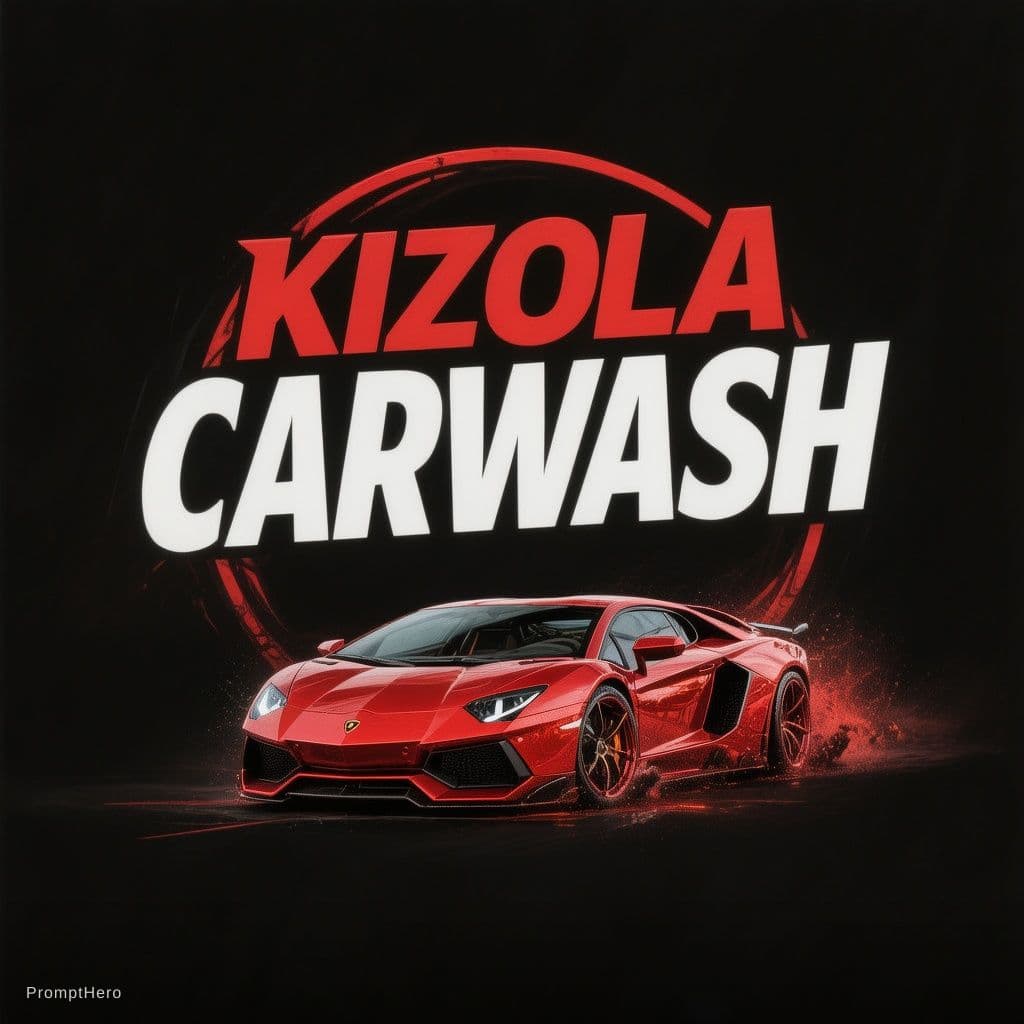 AI generated: A carwash logo using KIZOLA CARWASH name with a black background and a red Lamborghini Aventador 