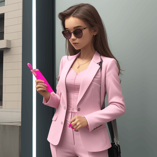 AI generated: The girl in the pink suit with the lollipop is standing there showing the screen of her phone.