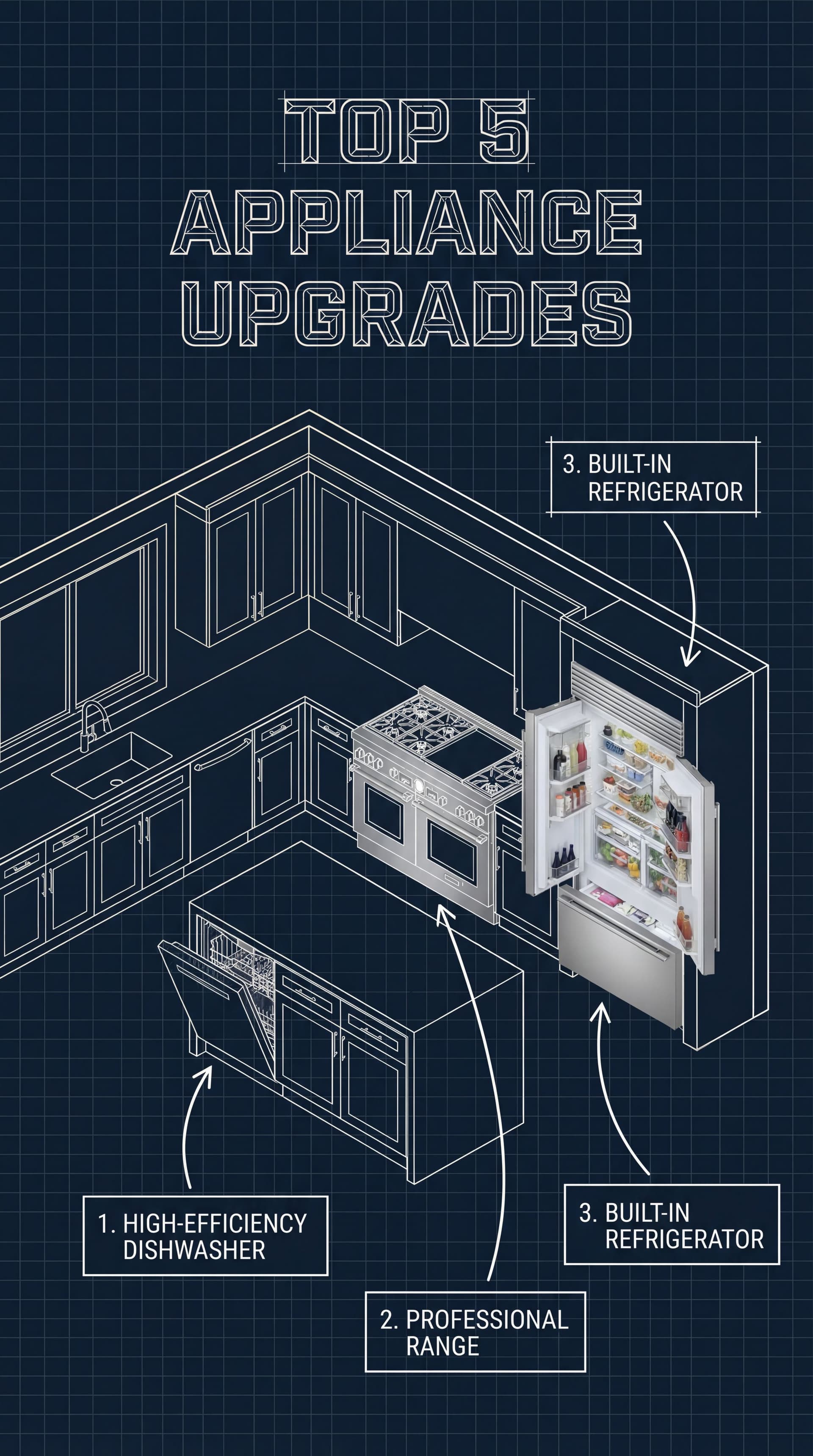 AI generated: Make a graphic layout. I want a kitchen with white outline blueprint house vibe. Display text should...