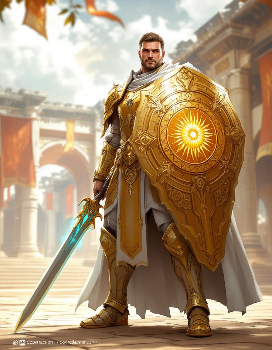 AI generated: "Create a concept art for Theron, Defender of Light, a noble warrior clad in gleaming golden armor w...