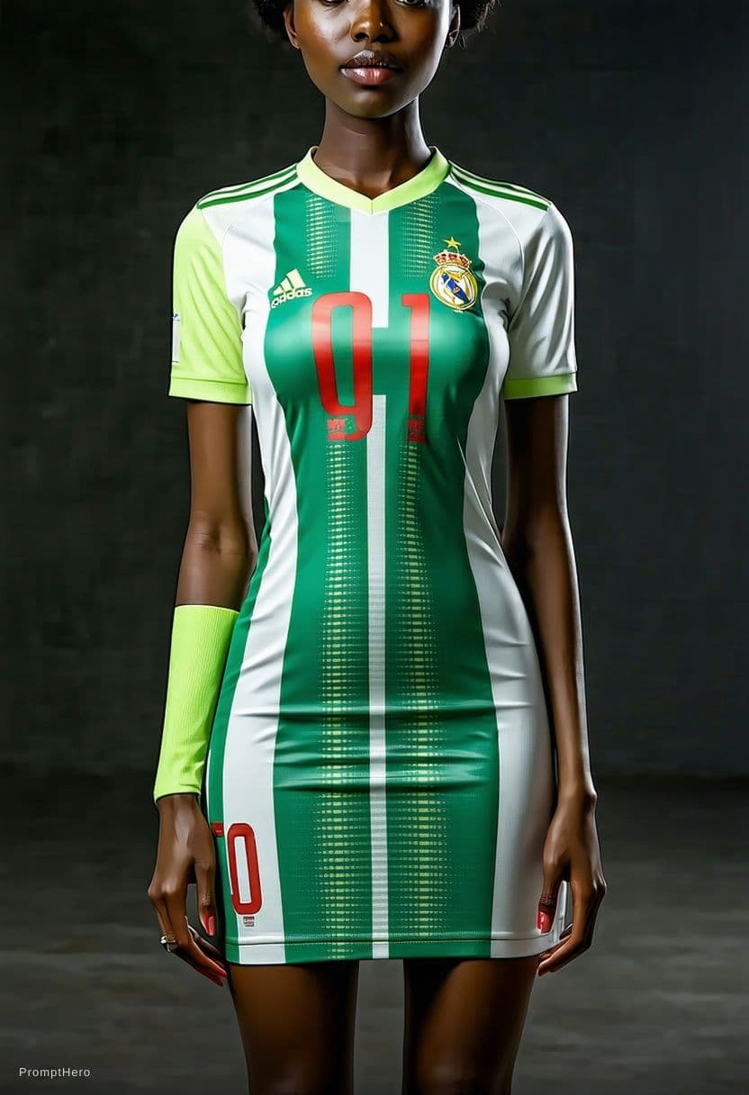 AI generated: Create world cup 2026 soccer sports dress based on a soccer jersey design been worn by voluptuous cu...