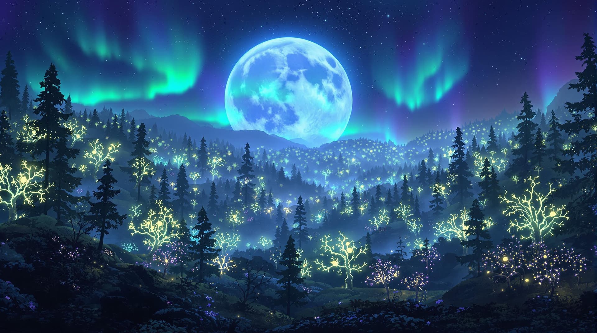 AI generated: "A vast enchanted forest filled with glowing bioluminescent trees, illuminated by a massive moon and...