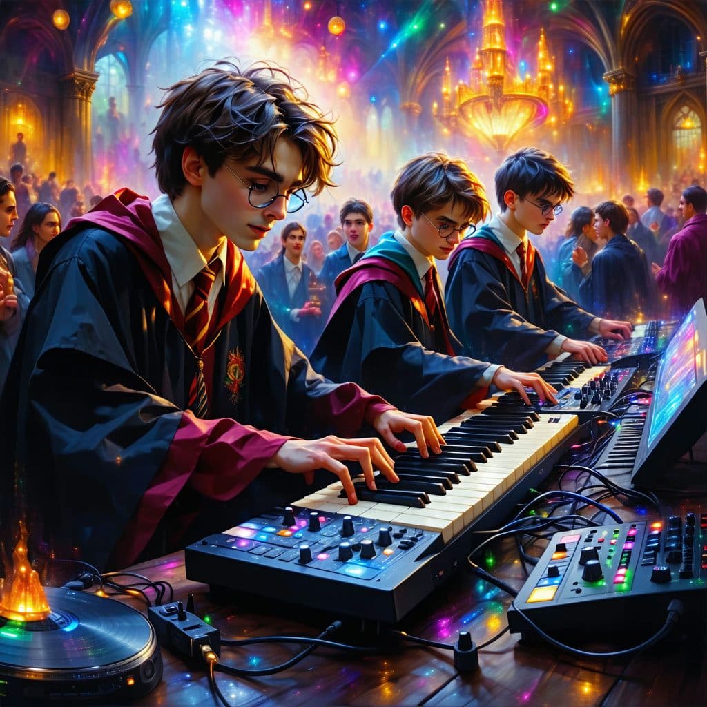 AI generated: Surreal art of Harry Potter and his friends playing electronic music with their friends at a party.