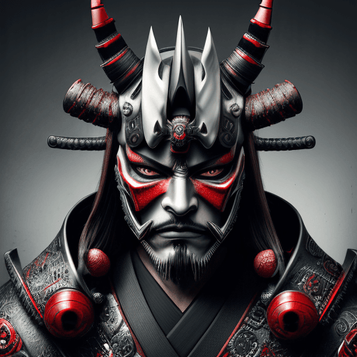 AI generated: Japanese samurai portrait, helmet
with horns, intricately sculpted, mask with evil look and scary bu...
