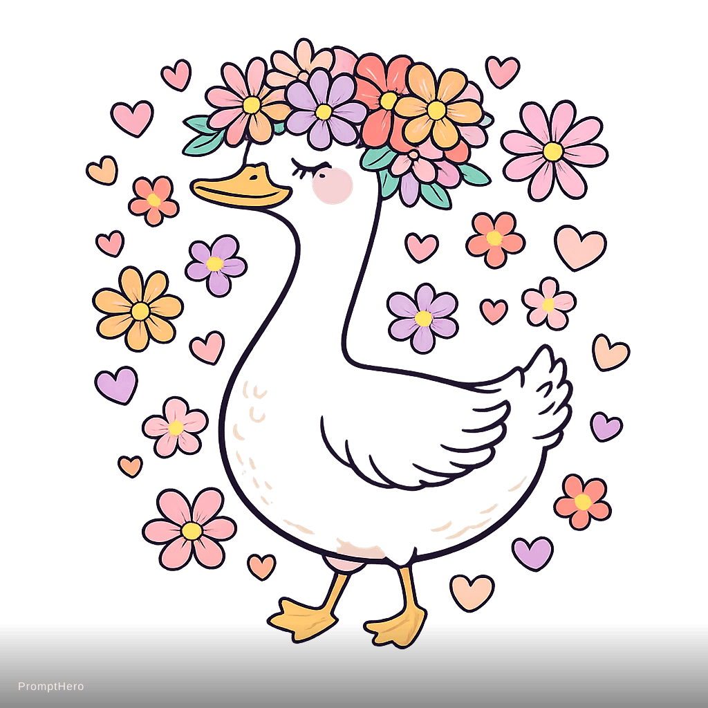 AI generated: Adorable white duck standing gracefully, wearing a large pink flower crown, soft smile with closed e...