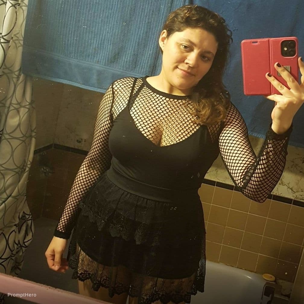 AI generated: Have her wearing a top made of black fishnet stocking, a black lace bra underneath and a black laced...