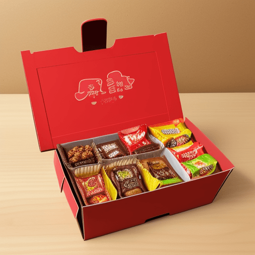 AI generated: drawn food box, various snacks inside, bottled juice inside, chocolate bar inside