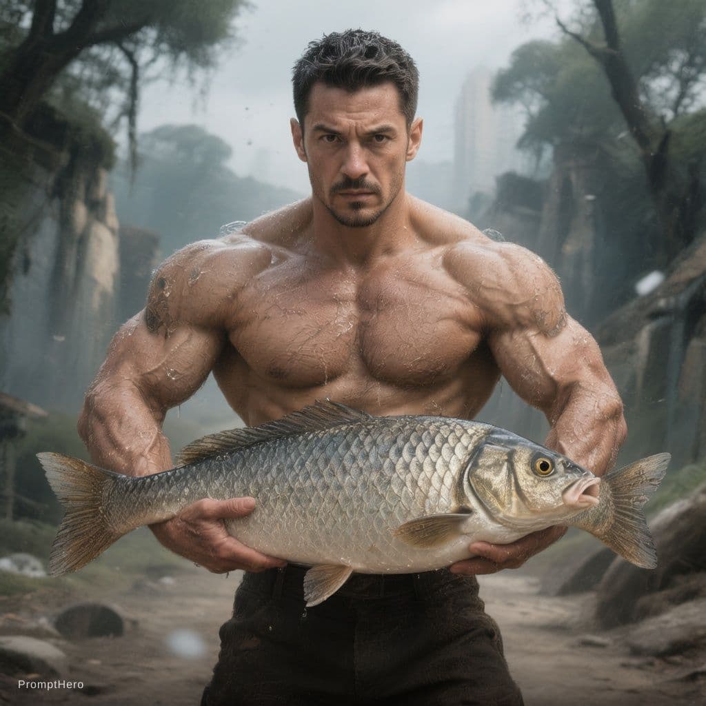 AI generated: fish has pair of very strong human arms