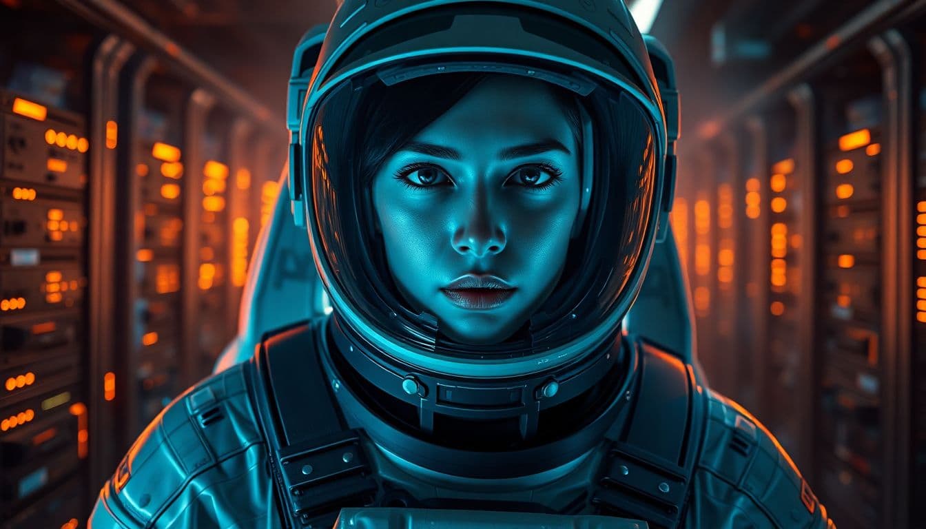 AI generated: Astronaut, wearing futuristic astonaut outfit with space helmet, beautiful body and face, very breat...