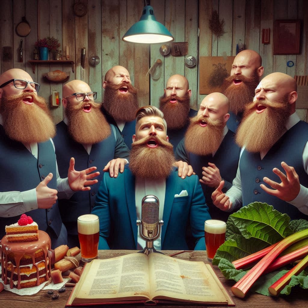 AI generated: Bearded barbarians in a barbershop as a barbershop choir, singing a rap song about Barbara's rhubarb...