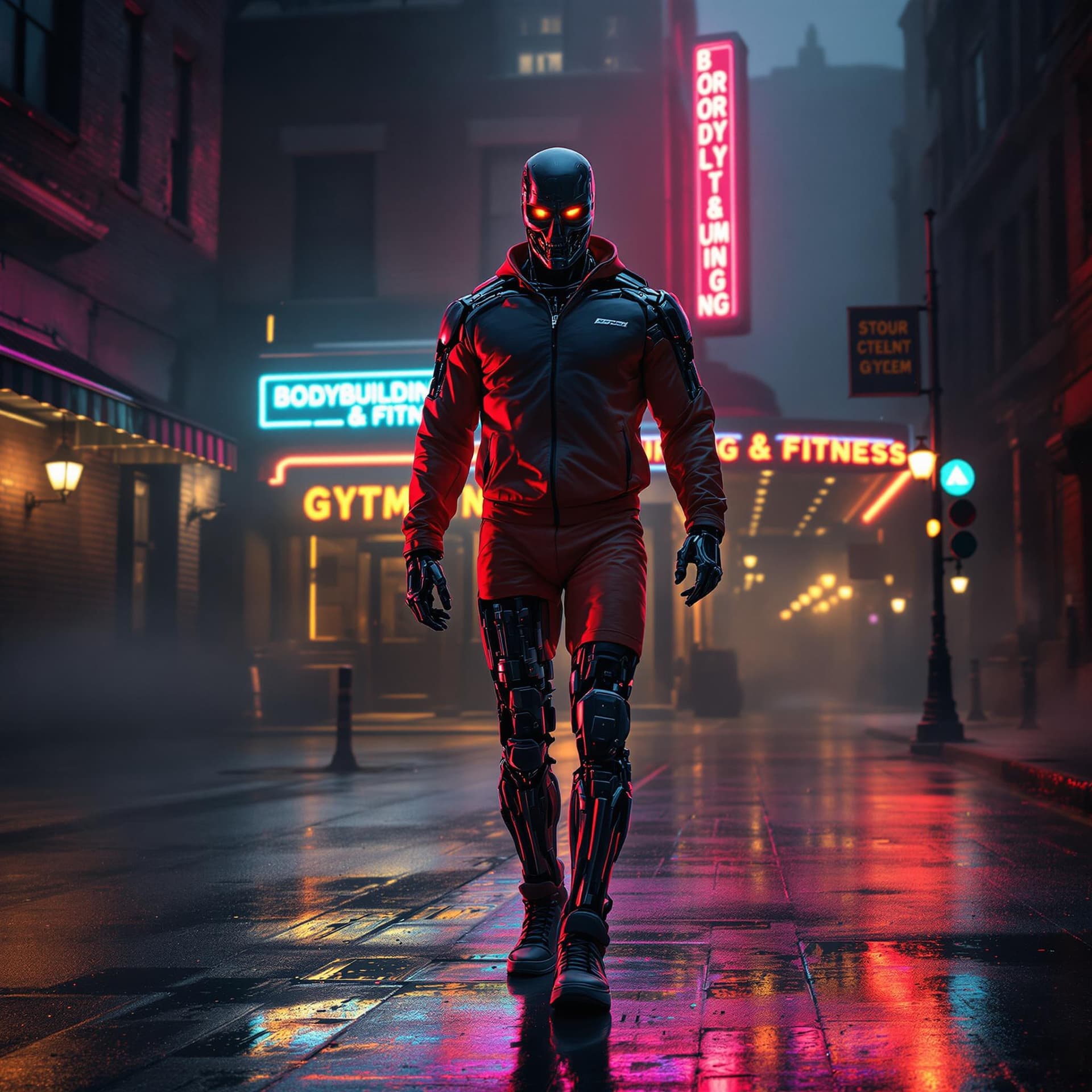 AI generated: A hyperrealistic 1980s-style cinematic scene showing the Terminator from The Terminator movie, walki...