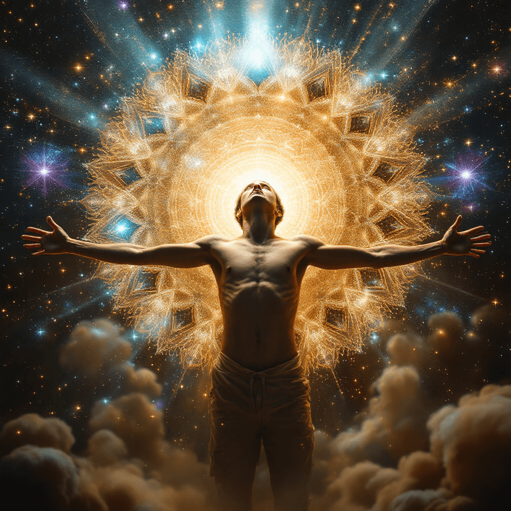 AI generated: a very skinny college age guy takes off his shirt, outstretches his arms and begins to float off the...